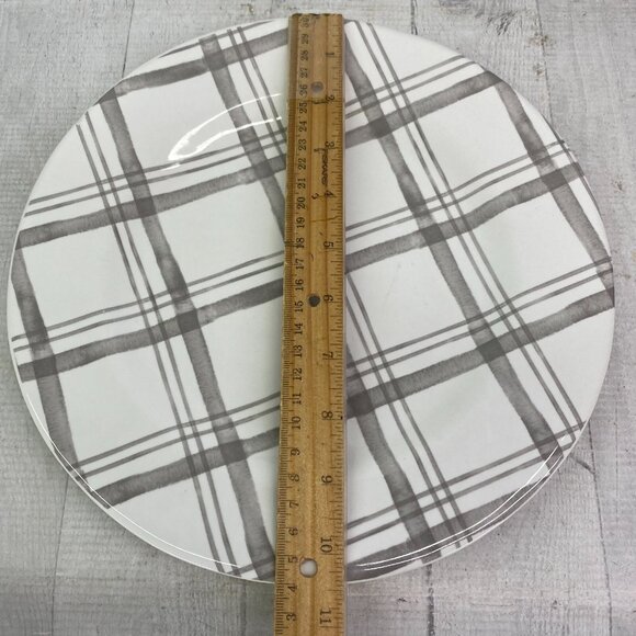 Pier 1 LINEN CHECK Gray Check Plaid Ironstone Round 11" Dinner Plates Set 2 FLAW - Picture 7 of 16